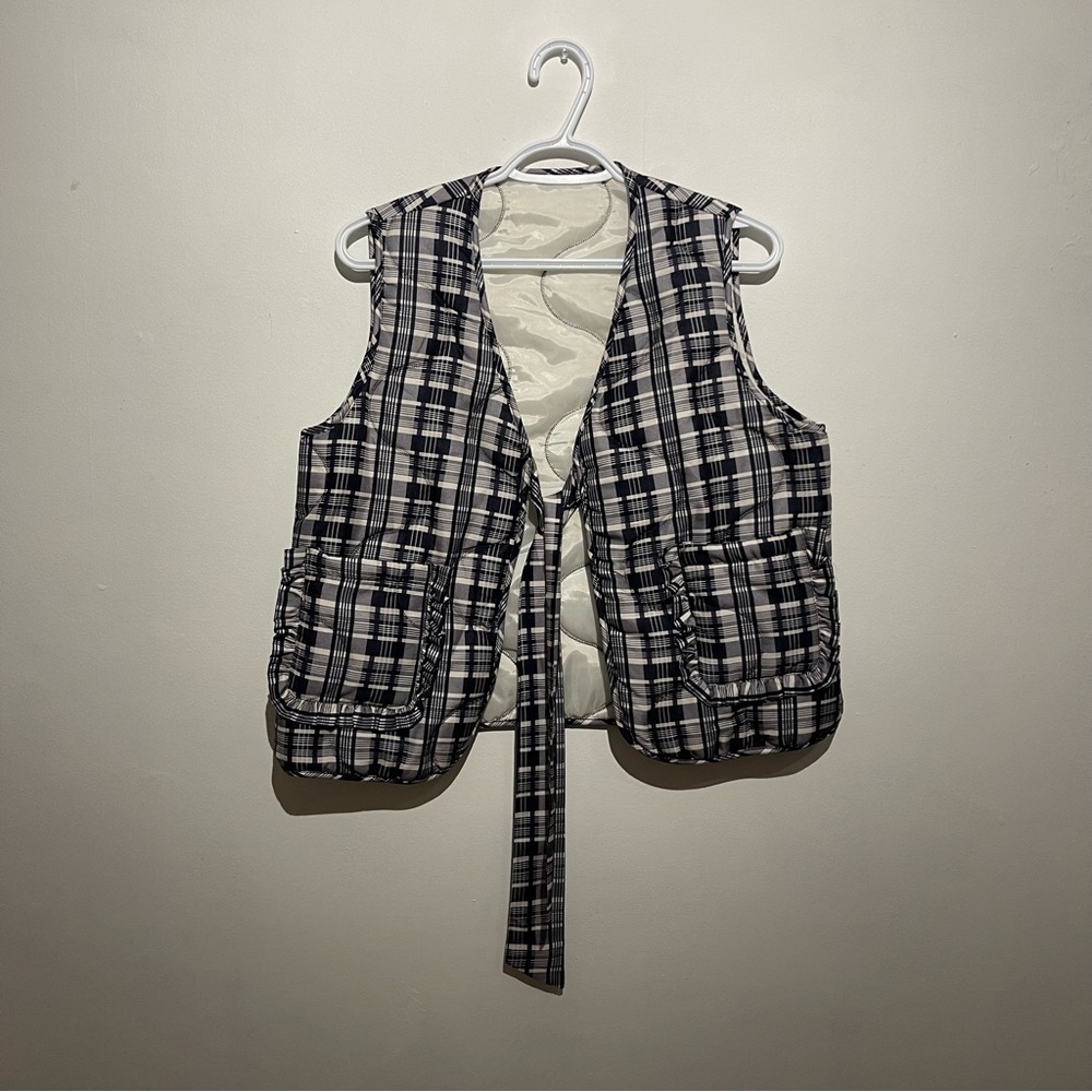 White Quilted Vest with Plaid Lining